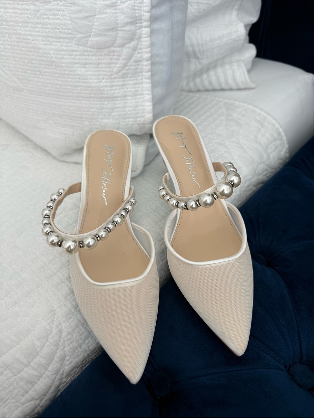 Betsey Johnson Cream Pointed Toe Mules with Silver Pearl Strap Size 6.5